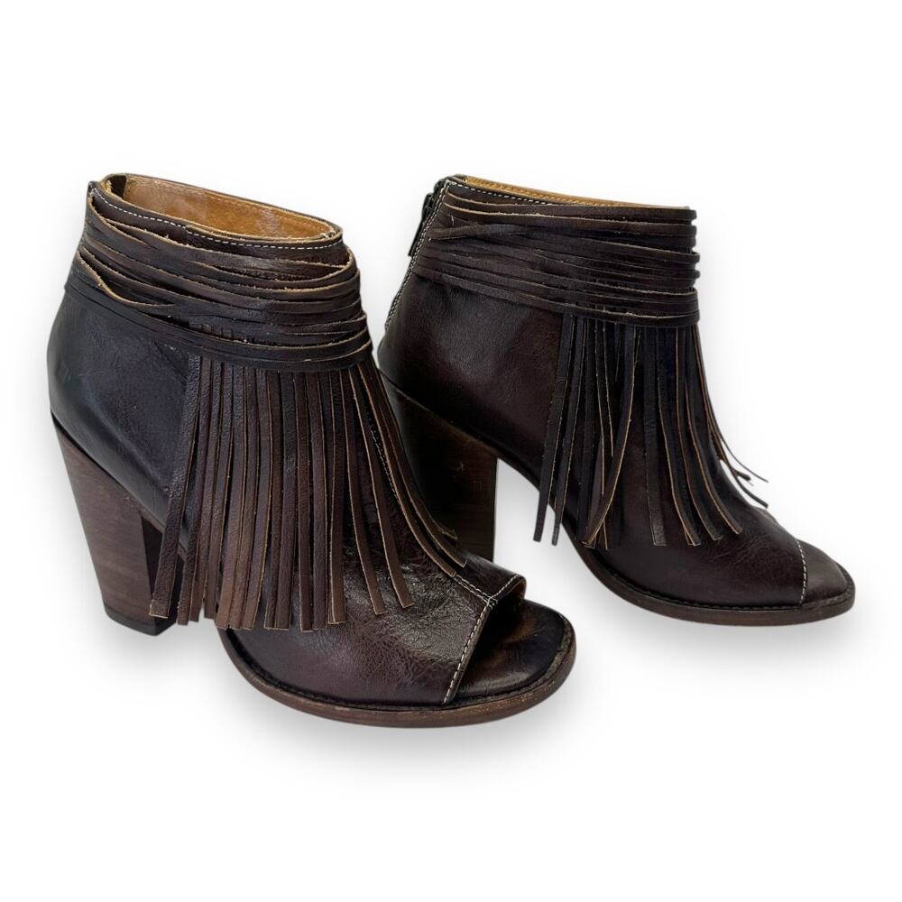 Bed Stu Onset Olivia Women’s Size 7.5 Peep Toe Fringe Booties Brown Leather Heel - Picture 7 of 11